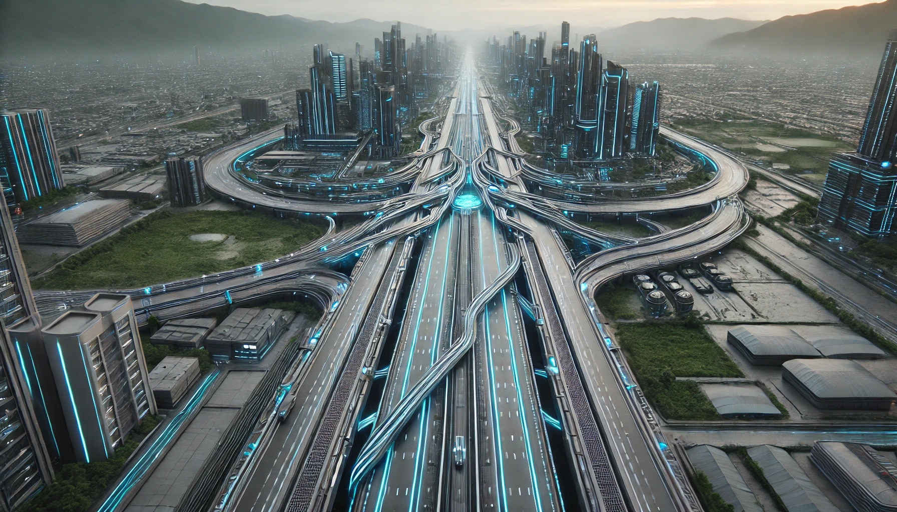 DALL·E 2024-11-27 12.37.37 - A high-resolution 4K image of a futuristic highway resembling a very wide road with an anthracite color palette, set within a mix of urban and natural.jpg